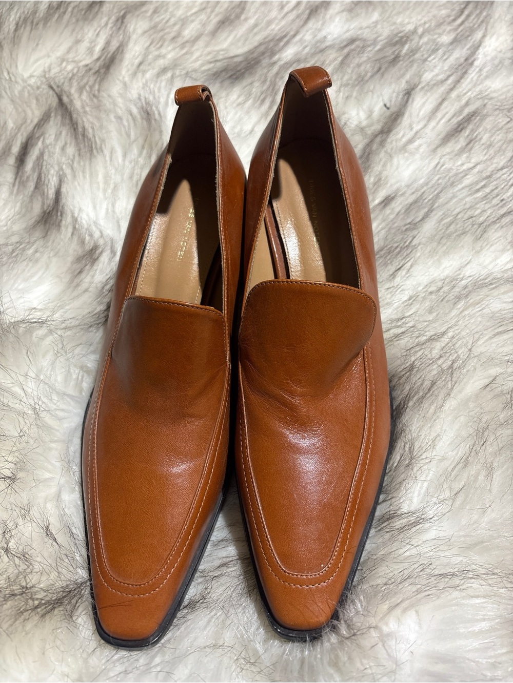 Authentic Dries Van Noten Cognac Leather Block Heel Loafer Pumps